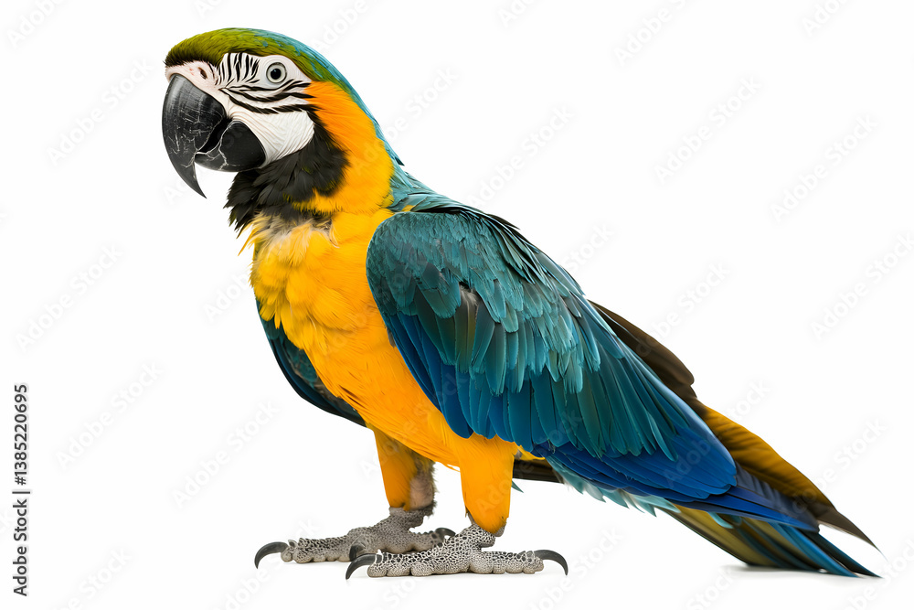 Fototapeta premium Striking Portrait of a Blue and Gold Macaw Parrot Isolated on White Background