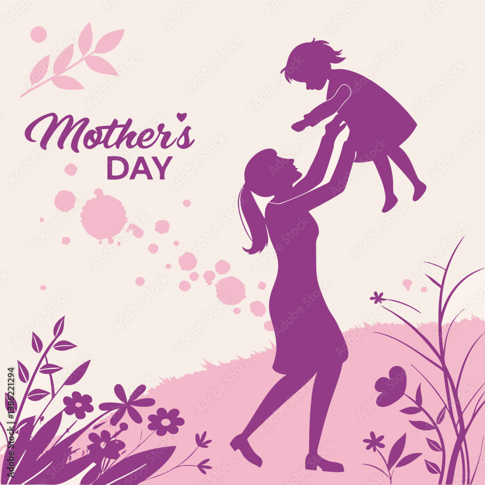 Mother's Day Delight: A silhouette of a mother joyfully lifts her child into the air, with gentle strokes of pink evoking tenderness, celebration of a maternal bond. Mother's Day Delight: A silhouette of a mother joyfully lifts her child into the air, with gentle strokes of pink evoking tenderness, celebration of a maternal bond.