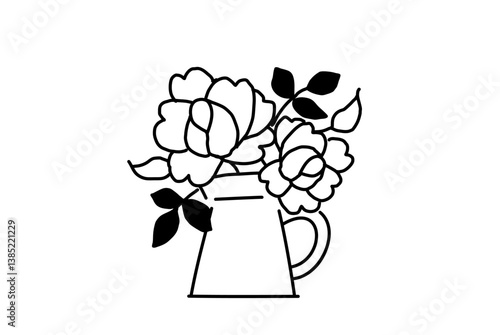 花瓶に生けた薔薇のシンプルなイラスト　ベクター　黒
