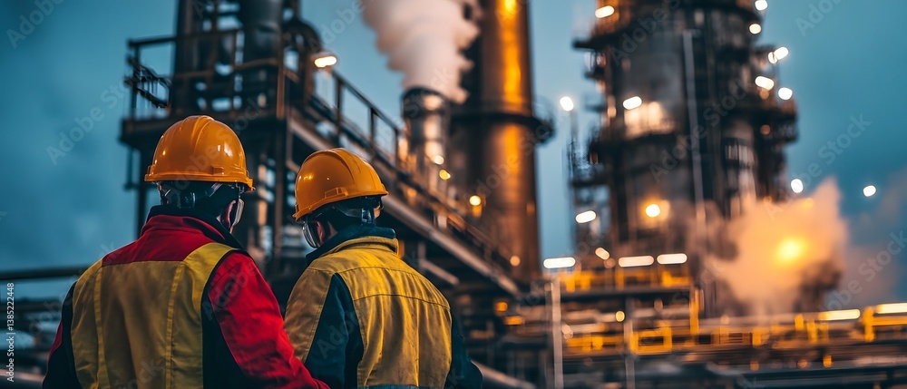 Two workers in safety helmets closely observe a large industrial facility, showcasing the machinery and infrastructure of modern industry at twilight Two workers in safety helmets closely observe a large industrial facility, showcasing the machinery and infrastructure of modern industry at twilight