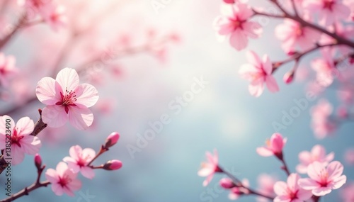 Delicate pink sakura blossoms, intricate branches, soft pastel background, illustration, cherry blossom pattern