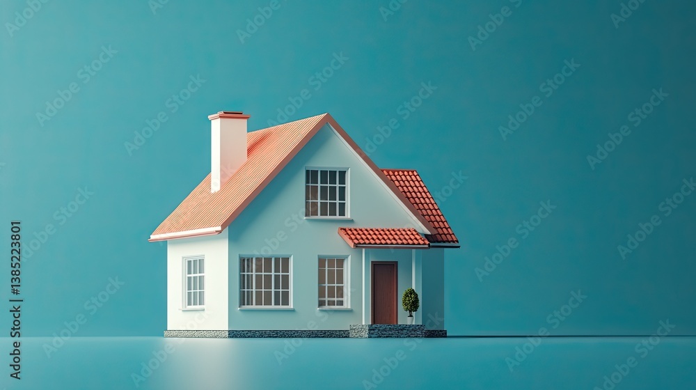 Small house model on a blue background, simple real estate or architecture concept, 3D illustration. Small house model on a blue background, simple real estate or architecture concept, 3D illustration.