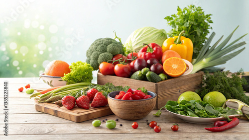 Fresh spices and herbs with vegetables and ingredients on a wooden table
