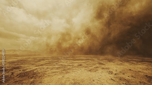 Dusty desert landscape with approaching sandstorm.