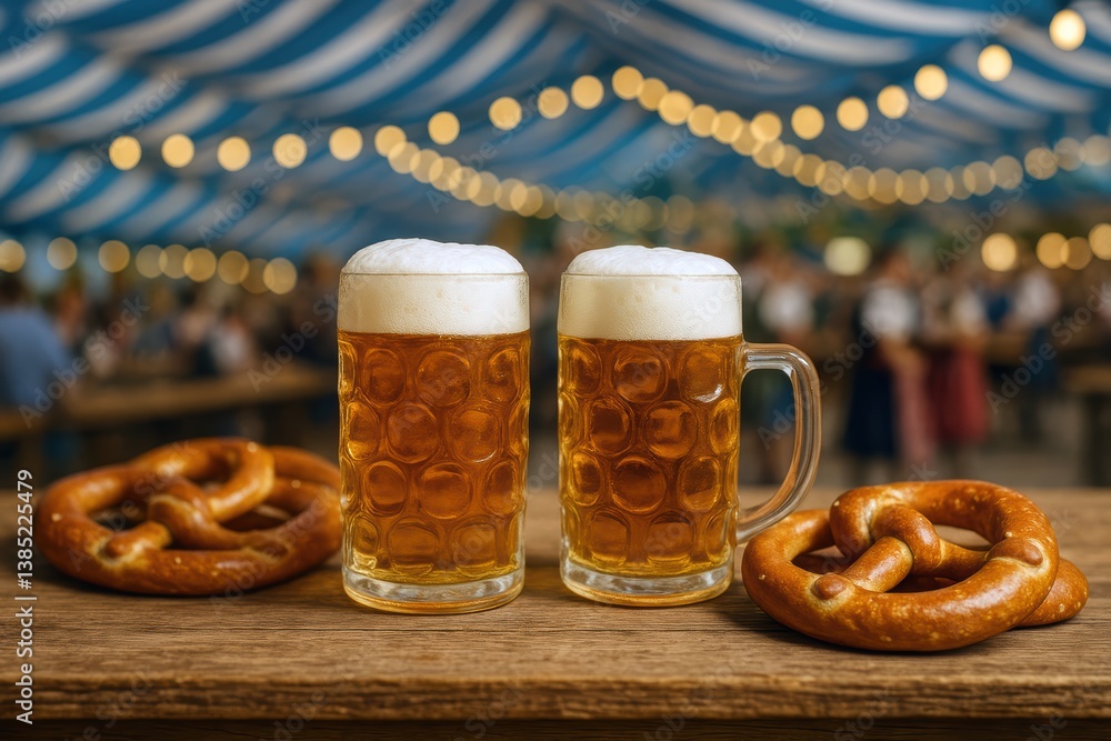 Beer mugs on wooden table, beer festival Oktoberfest tent interior