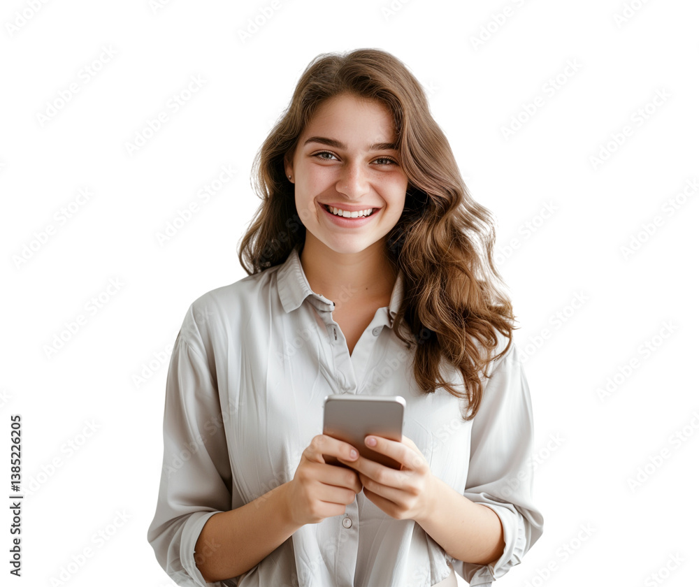 Girl holding smartphone and gesturing with hand, cheerful marketing pose isolated on transparent background Girl holding smartphone and gesturing with hand, cheerful marketing pose isolated on transparent background