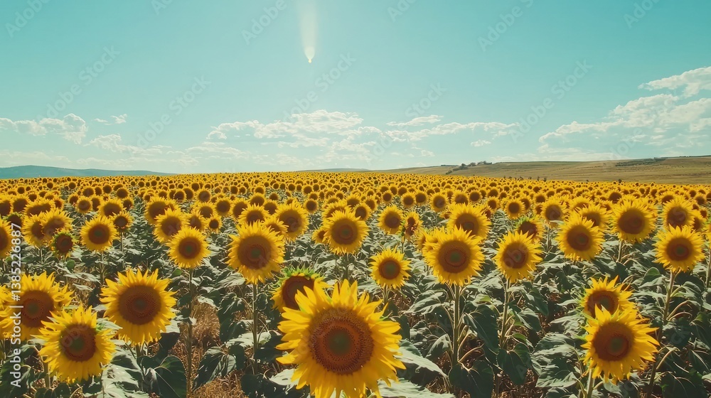 Obraz premium Vast sunflower field under a bright summer sky.