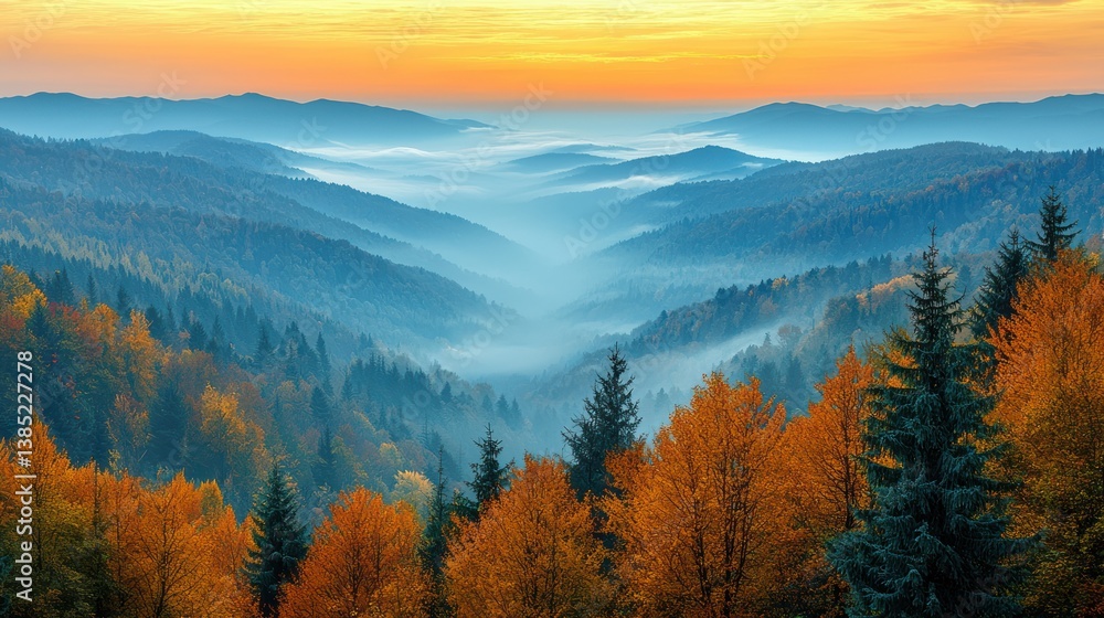 Obraz premium Autumn sunrise over misty mountain valley, colorful forest