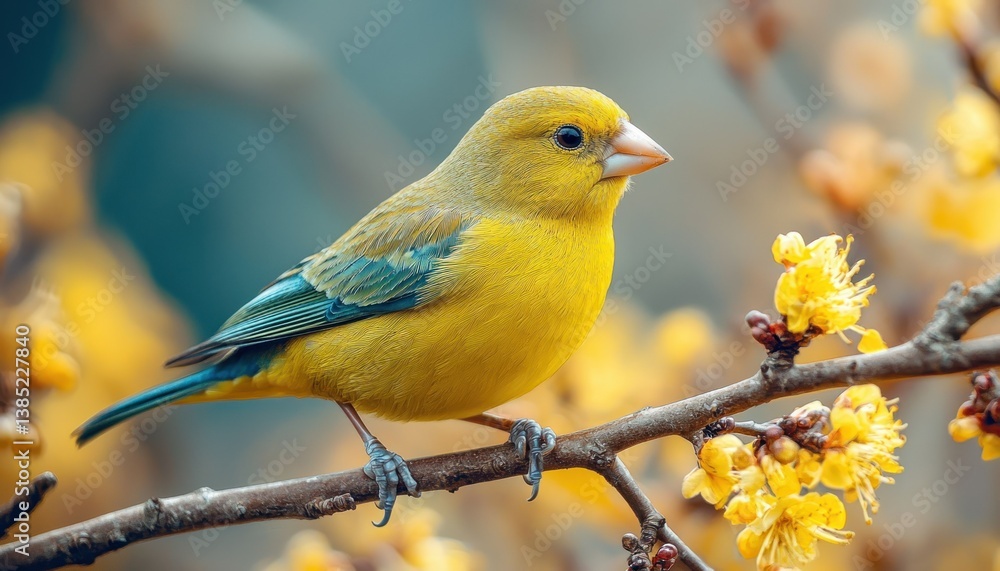 Obraz premium Vibrant Yellow Bird Perched on Blooming Branch