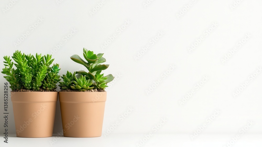 Two charming green succulent plants in terracotta pots, symbolizing nature's beauty and resilience, ideal for enhancing interior design and creating a fresh ambiance. Two charming green succulent plants in terracotta pots, symbolizing nature's beauty and resilience, ideal for enhancing interior design and creating a fresh ambiance.