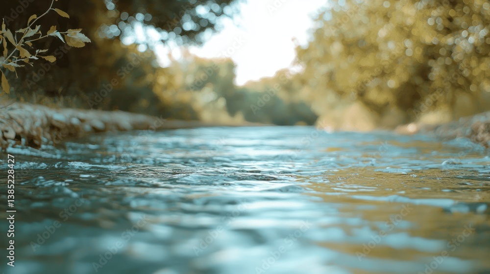 Fototapeta premium Close-up view of a shallow, flowing stream in a forest.