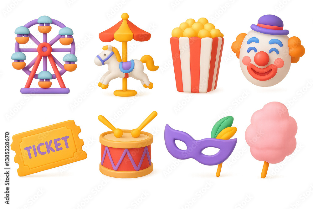 Fototapeta premium Colorful festival icons: ferris wheel, carousel, and more in 3d magic