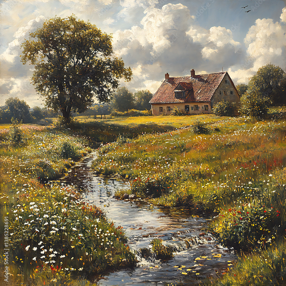 Obraz premium A peaceful rural landscape with a gentle stream running through a meadow and a distant farm