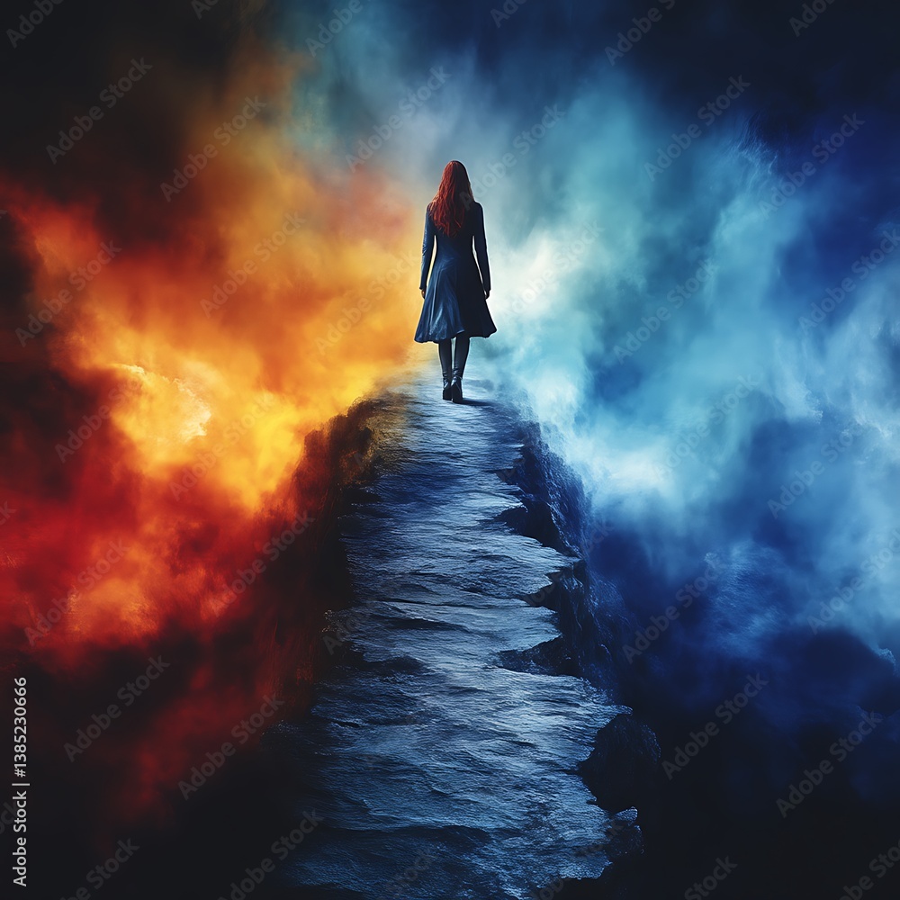 Obraz premium Woman walks path between fire, ice, fantasy