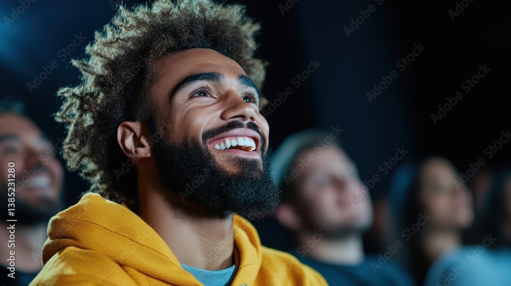 A cheerful young man with curly hair looks up, beaming as he enjoys a cinematic experience in a dark theater, surrounded by fellow audiences sharing the moment. A cheerful young man with curly hair looks up, beaming as he enjoys a cinematic experience in a dark theater, surrounded by fellow audiences sharing the moment.