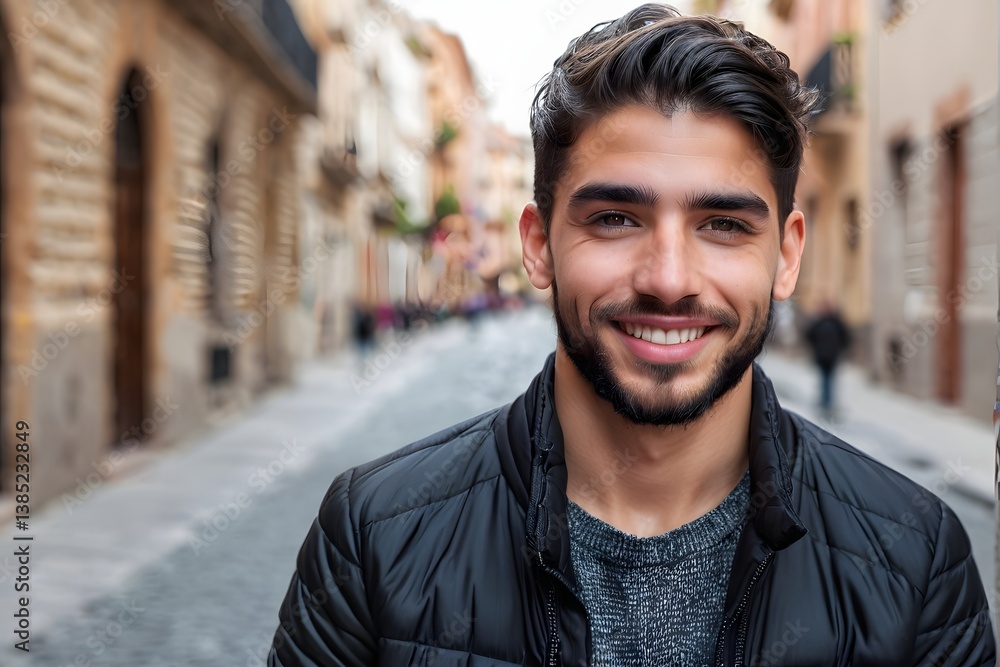 Young Spanish man smiling against urban background with copy space Young Spanish man smiling against urban background with copy space