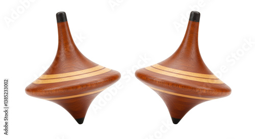 Isolated Two Wooden Spinning Tops for Toy Entertainment