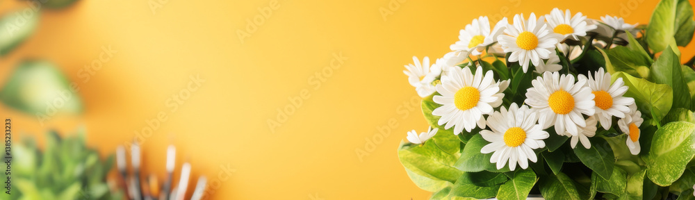 Obraz premium Bright and cheerful daisies in vibrant yellow pot bring sense of joy and freshness to any space. lush green leaves complement white flowers, creating lively atmosphere