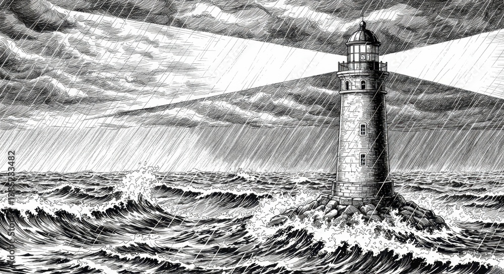Fototapeta premium Lighthouse Shining Through a Storm