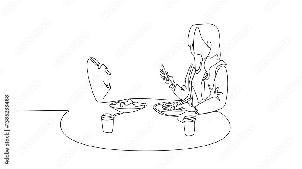 Animation of single one line drawing two businesswomen are having a meal together. Relaxing for a meal break. National Make Lunch Count Day. Continuous line self drawing animated. Full length motion Animation of single one line drawing two businesswomen are having a meal together. Relaxing for a meal break. National Make Lunch Count Day. Continuous line self drawing animated. Full length motion