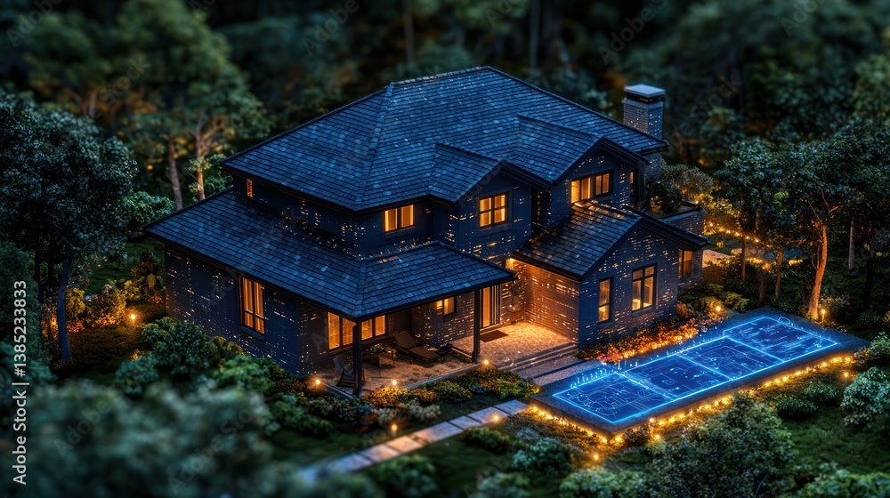 Night view of luxury home, pool, solar panels, forested setting Night view of luxury home, pool, solar panels, forested setting
