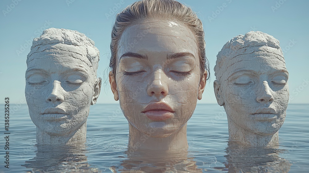 Fototapeta premium Surreal Woman's Face with Two Stone Heads in Water