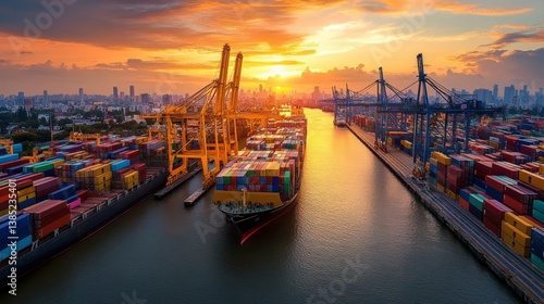 Wallpaper Mural Cargo ship navigates busy port at sunset shipping industry aerial view vibrant city environment Torontodigital.ca