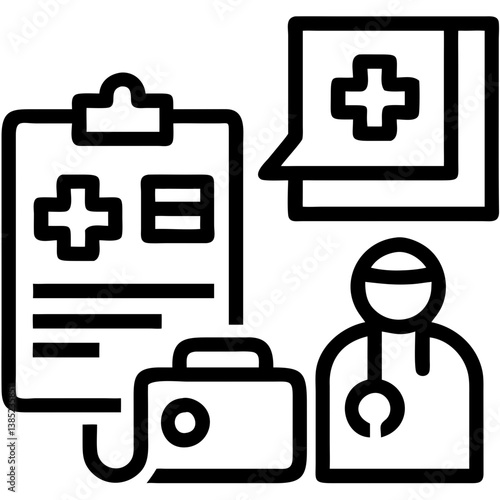A doctor's reassuring presence, offering medical records and a first-aid kit, symbolizing healthcare and well-being with bold black line art.