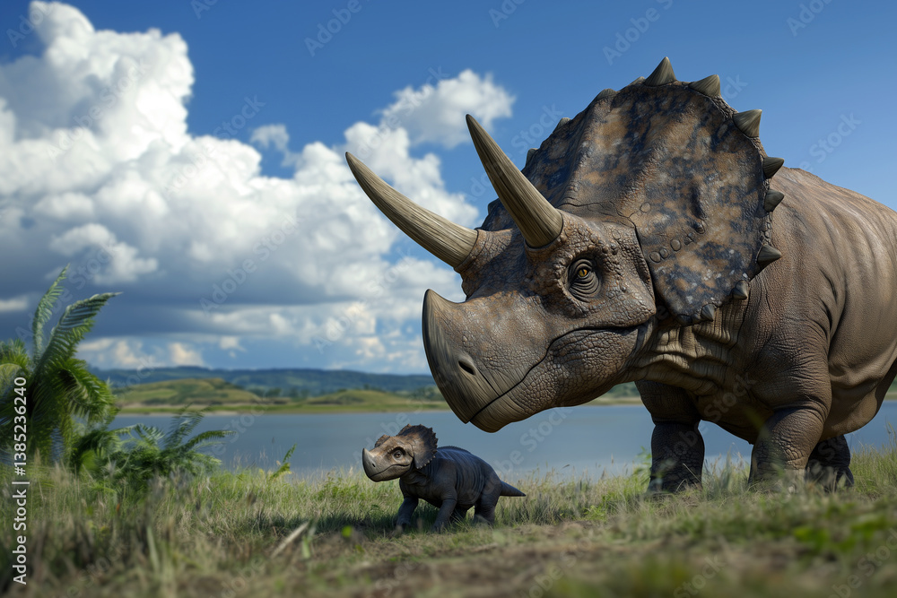 Fototapeta premium Un tricératops et son bébé en bordure d'un lac
