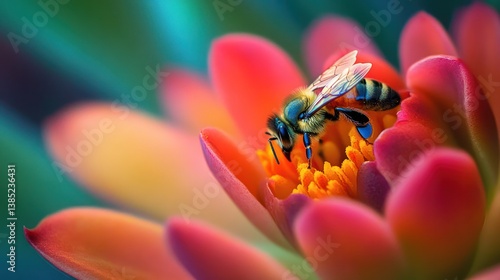 Bee on vibrant flower, close-up detail, nature