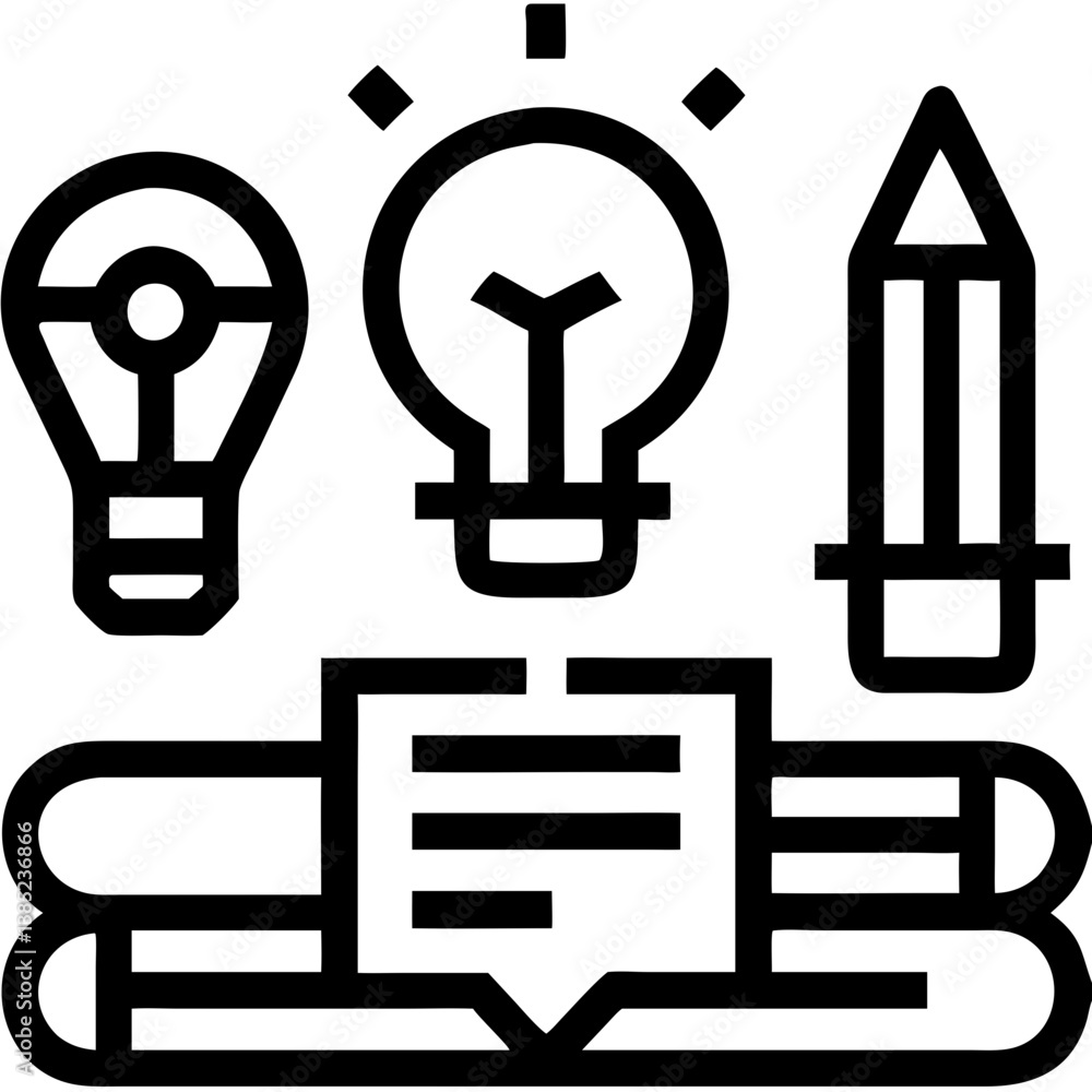 Bright ideas taking shape, a brilliant concept forming on paper, supported by focused thought and creative tools, in bold black lines. Bright ideas taking shape, a brilliant concept forming on paper, supported by focused thought and creative tools, in bold black lines.