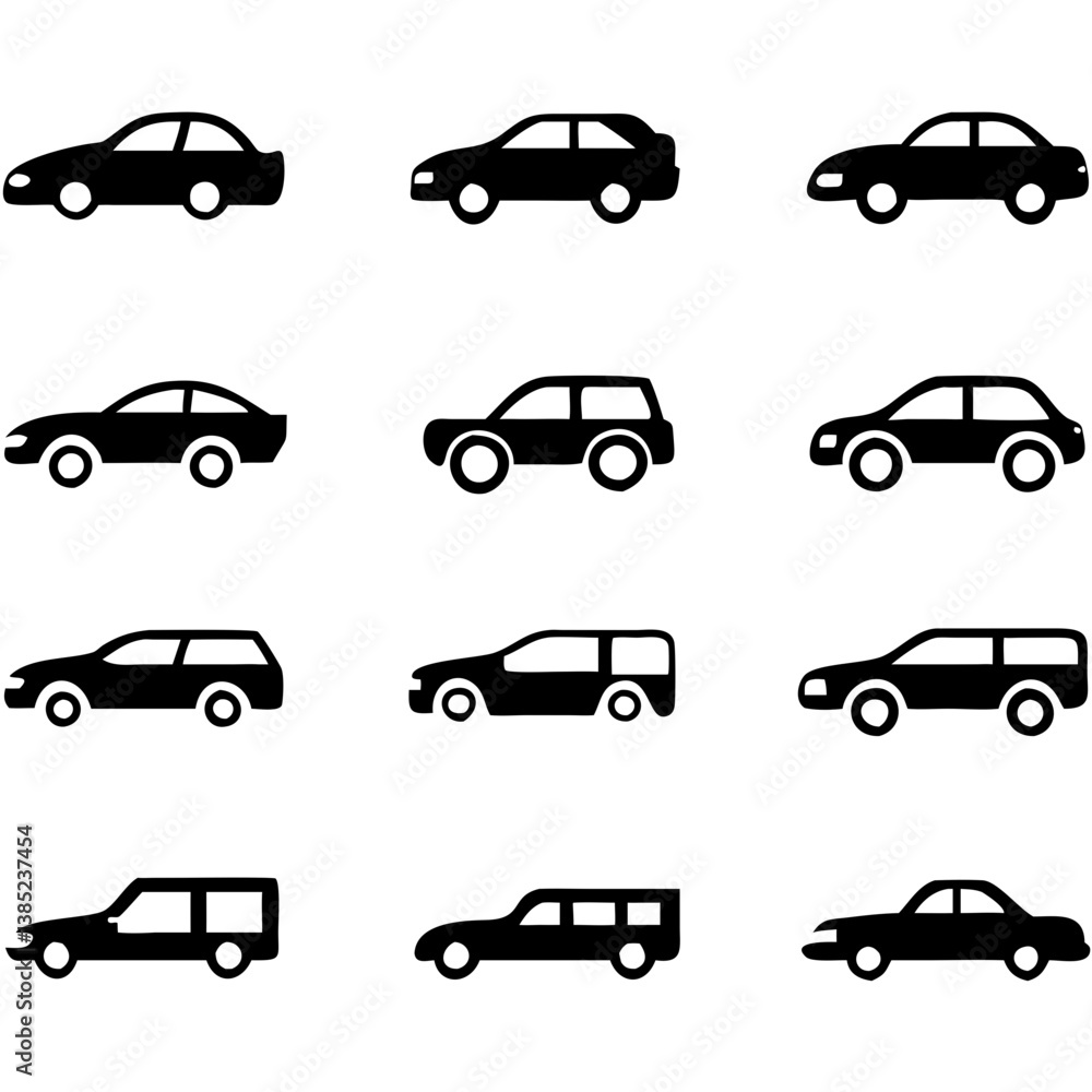 A diverse collection of simple black car silhouettes showcasing various vehicle types, including sedans, SUVs, and station wagons, against a clean white background. A diverse collection of simple black car silhouettes showcasing various vehicle types, including sedans, SUVs, and station wagons, against a clean white background.