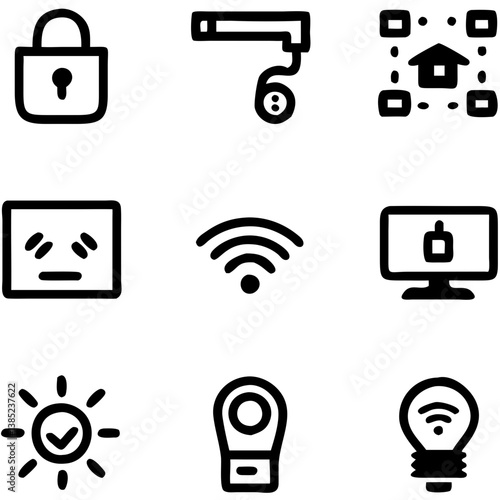 A playful collection of hand-drawn smart home icons depicting security, connectivity, and energy efficiency with bold black outlines and a simple, friendly style.