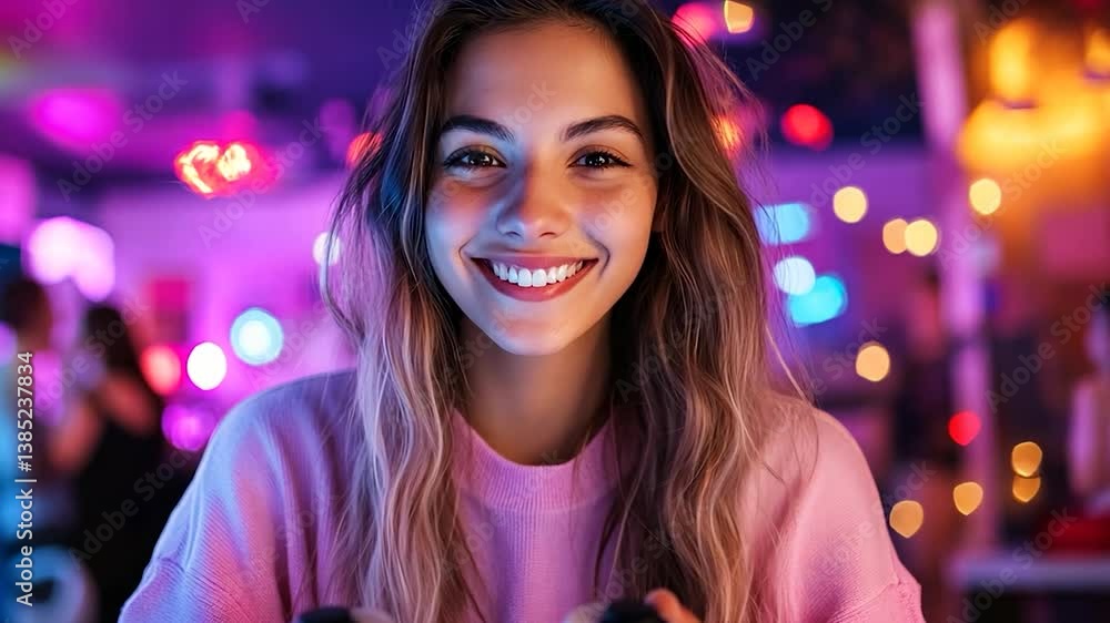 Young woman smiling while holding a game controller in a vibrant gaming lounge with colorful lights Young woman smiling while holding a game controller in a vibrant gaming lounge with colorful lights