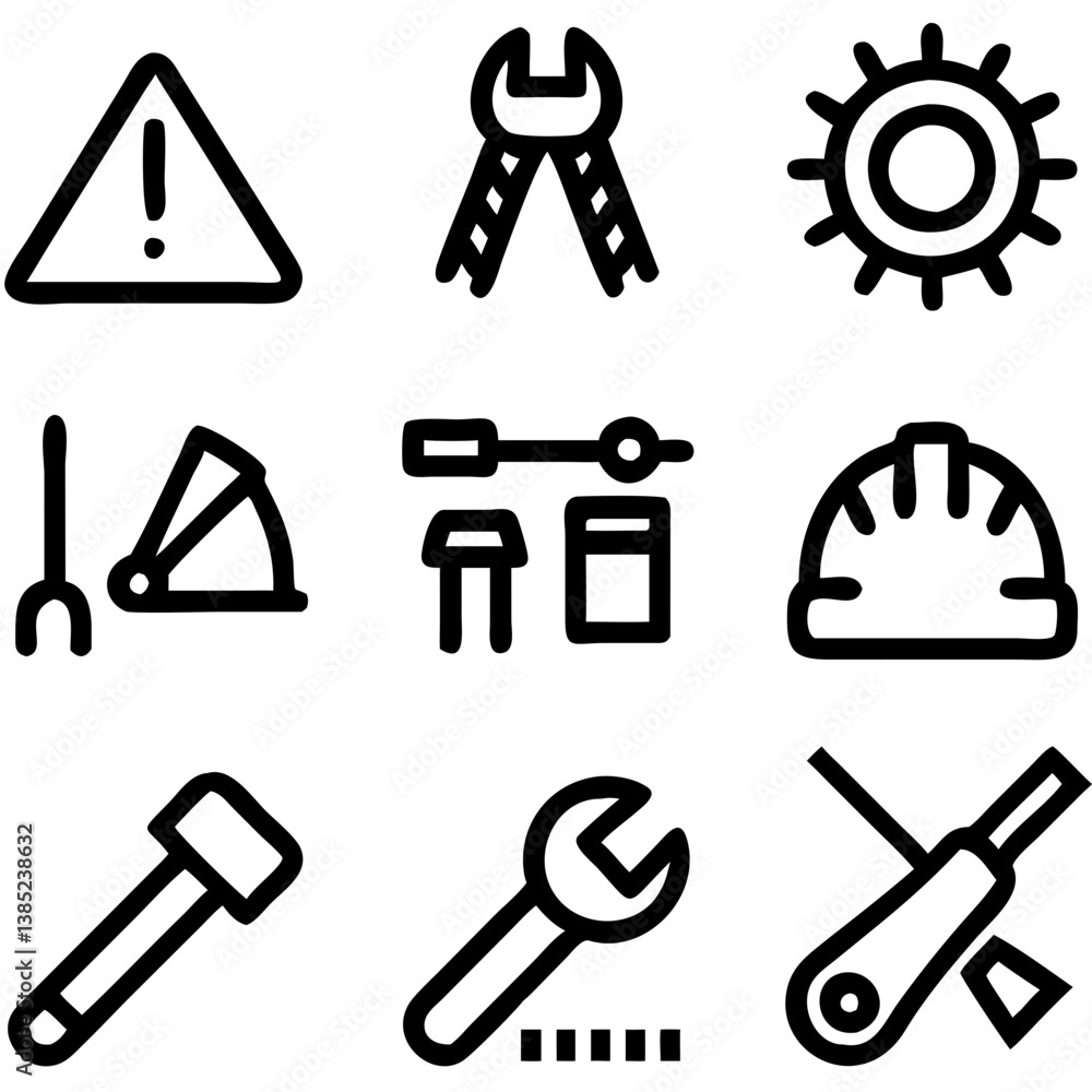 A bold collection of hand-drawn tools and safety icons, showcasing a playful yet professional style with thick black outlines on a white background. A bold collection of hand-drawn tools and safety icons, showcasing a playful yet professional style with thick black outlines on a white background.