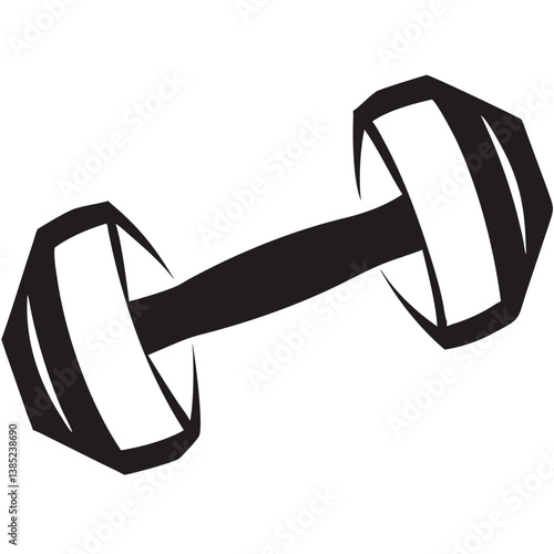 A bold, stylized dumbbell, symbolizing strength and fitness, rendered in stark black and white with a dynamic, angular design.