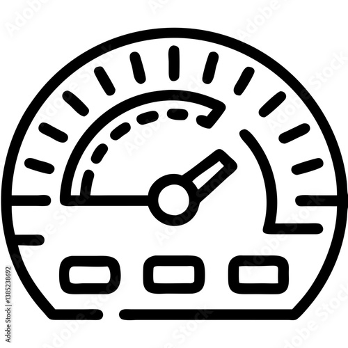 A bold speedometer needle nearing the maximum, signifying peak performance and relentless progress, with a clean black line art style.