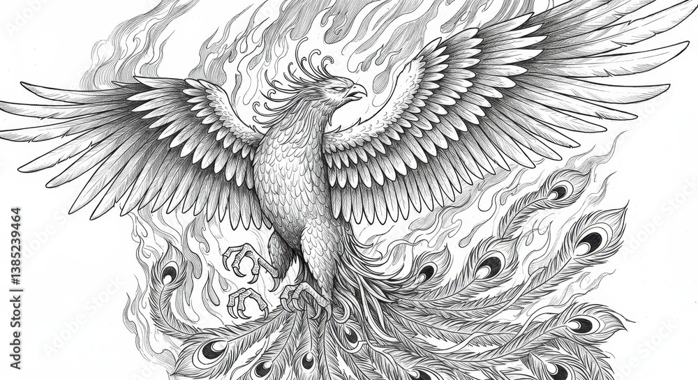 Obraz premium Phoenix Rising from Flames Line Drawing