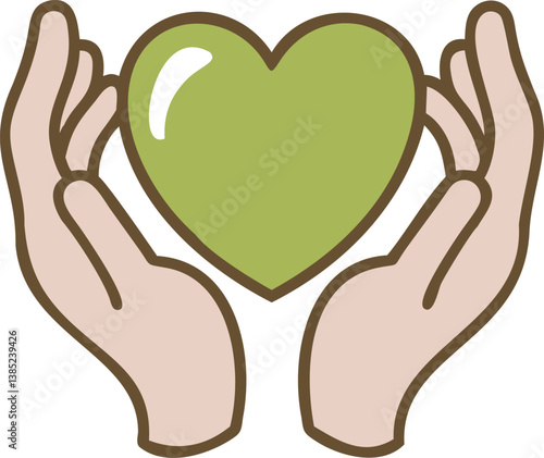 Green heart held by hands vector illustration in flat cartoon style showing love care health and compassion in soft colors and symbolic supportive icon design