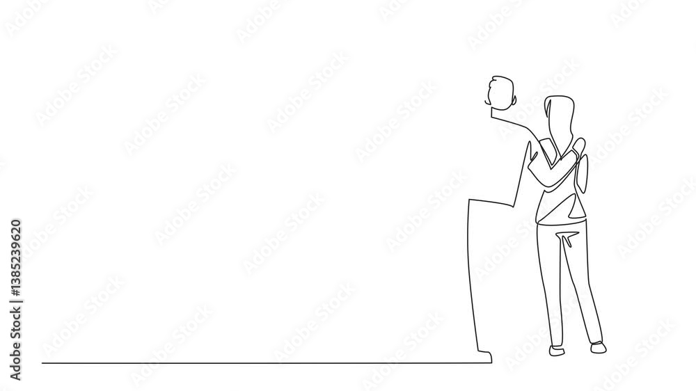Self drawing animation of single one line drawing rear view, a man in casual clothes embracing a woman with his hand pointing upwards. The aurora in awe. Look Up at The Sky Day. Full length animated Self drawing animation of single one line drawing rear view, a man in casual clothes embracing a woman with his hand pointing upwards. The aurora in awe. Look Up at The Sky Day. Full length animated