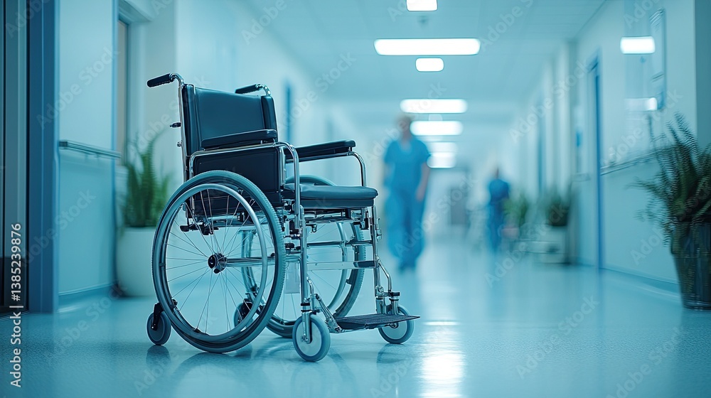 Empty wheelchair in a bright hospital corridor with medical staff in the background for healthcare scene. Empty wheelchair in a bright hospital corridor with medical staff in the background for healthcare scene.
