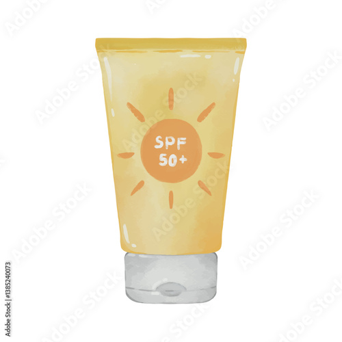Sunscreen illustration in watercolor, sunblock, skincare item, sun protection, body care