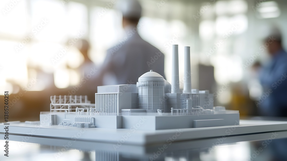a hydro power station model. Placed on a table in an office. Blurred background with engineers a hydro power station model. Placed on a table in an office. Blurred background with engineers