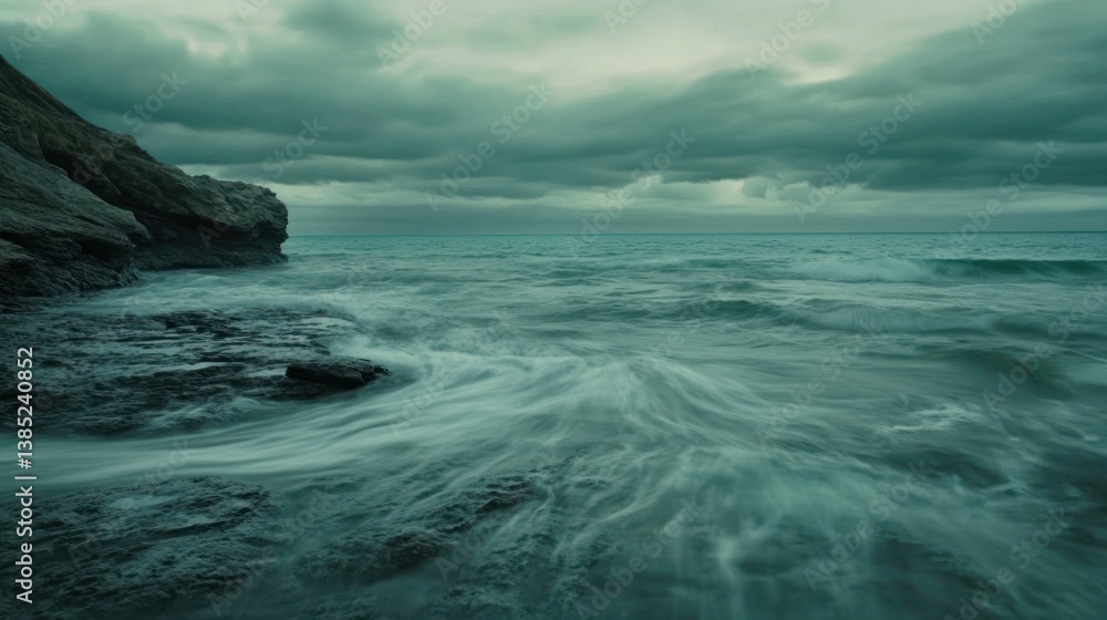 Fototapeta premium Stormy Seascape; Coastline; Dark Clouds; Dramatic Waves; Use Stock Photo