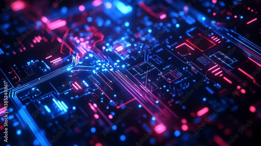Abstract Digital Technology Background with Neon Lights and Circuit Abstract Digital Technology Background with Neon Lights and Circuit