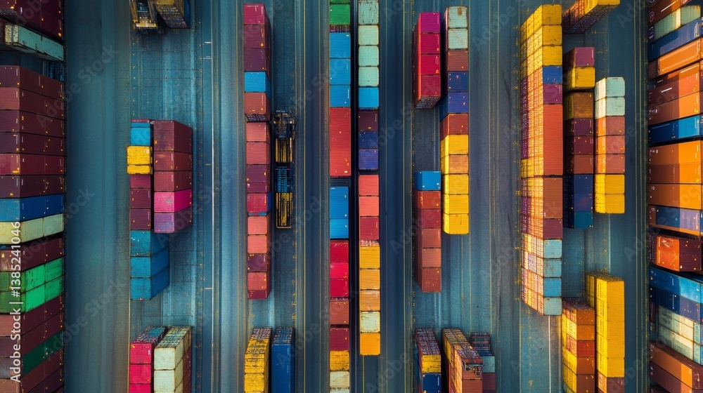 Obraz premium Efficient cargo management shipping yard aerial view logistics hub overhead perspective container arrangement