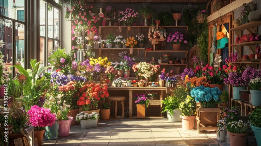 Fototapeta premium Sunlit floral shop displays vibrant blooms