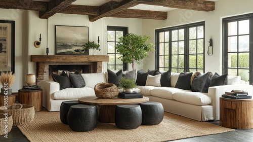 Rustic Coastal Living Room Design:  A Serene Space with Neutral Tones and Natural Textures