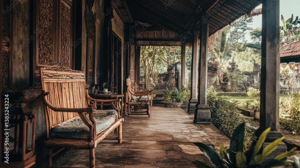 Fototapeta premium Balinese veranda, bamboo furniture, tropical garden, relaxation, resort