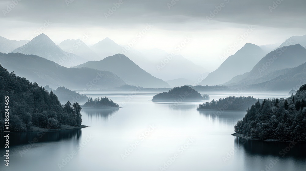 Naklejka premium Misty mountain lake vista, tranquil scene, peaceful landscape, ideal for background use